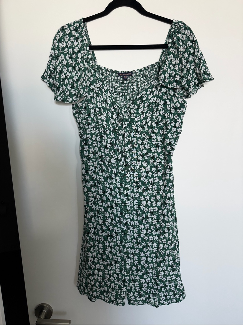 Skies Are Blue Green Floral Mini Dress with White Print